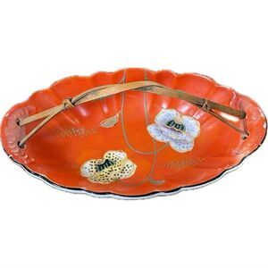 Vintage Japanese  Kutani hand, painted floral porcelain dish, bamboo handle ￼